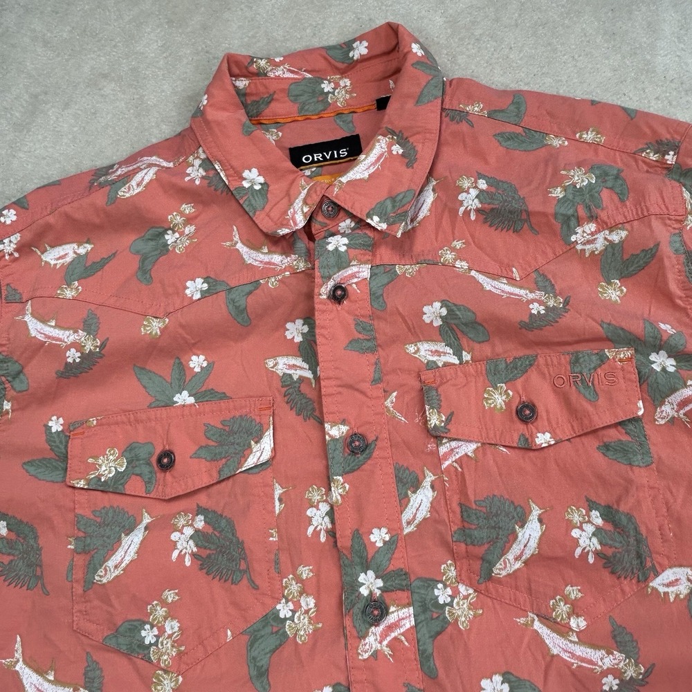 Orvis Active Fit Short Sleeve Shirt Men's Large Salmon Floral Fish Performance